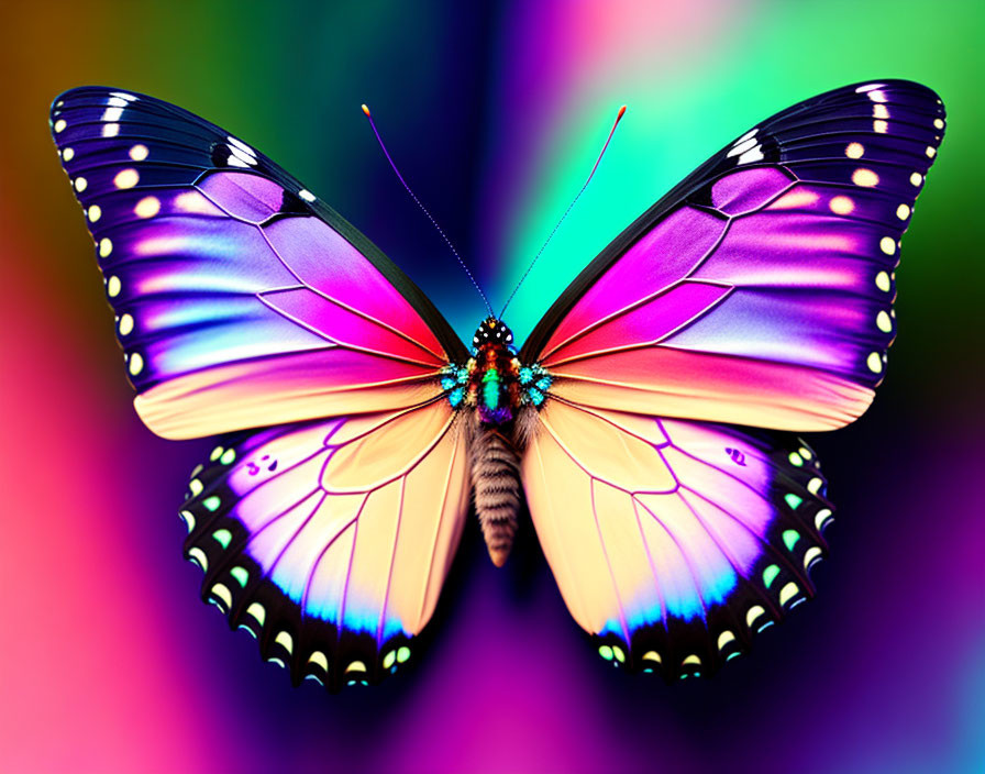 Colorful Butterfly with Spread Wings on Rainbow Background