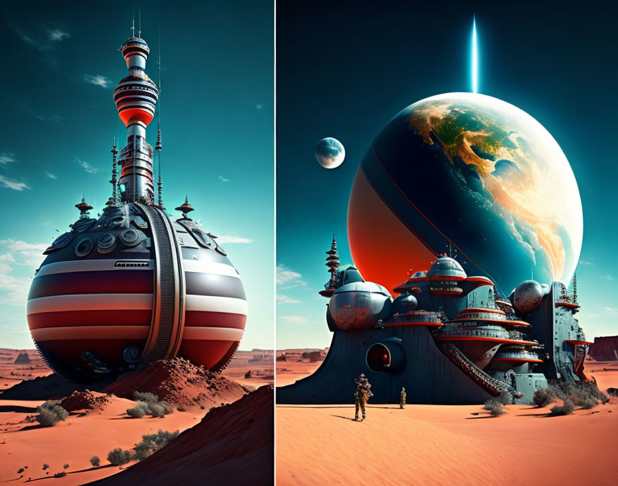 Futuristic desert landscape with towering spire and dome complex