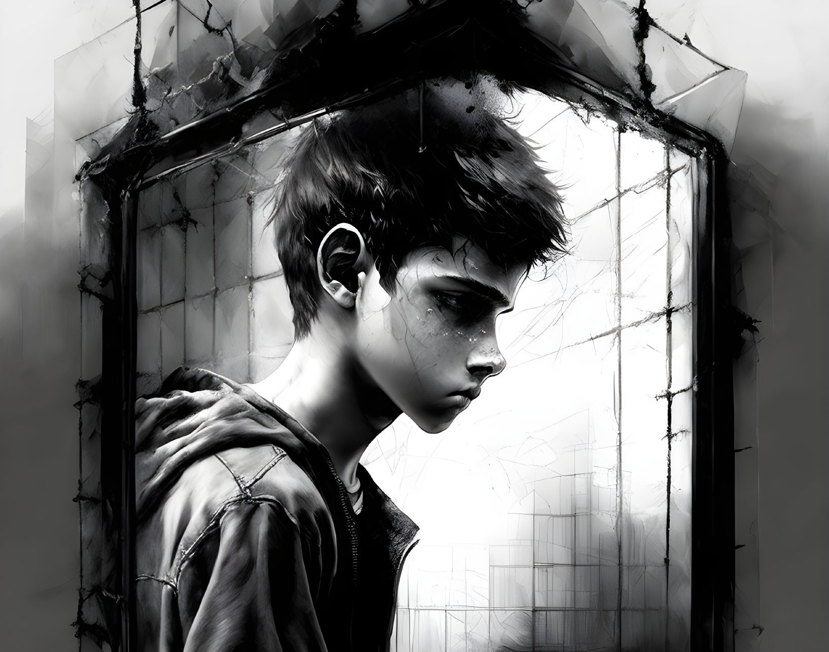 Monochrome artwork of pensive youth by window with barbed wire