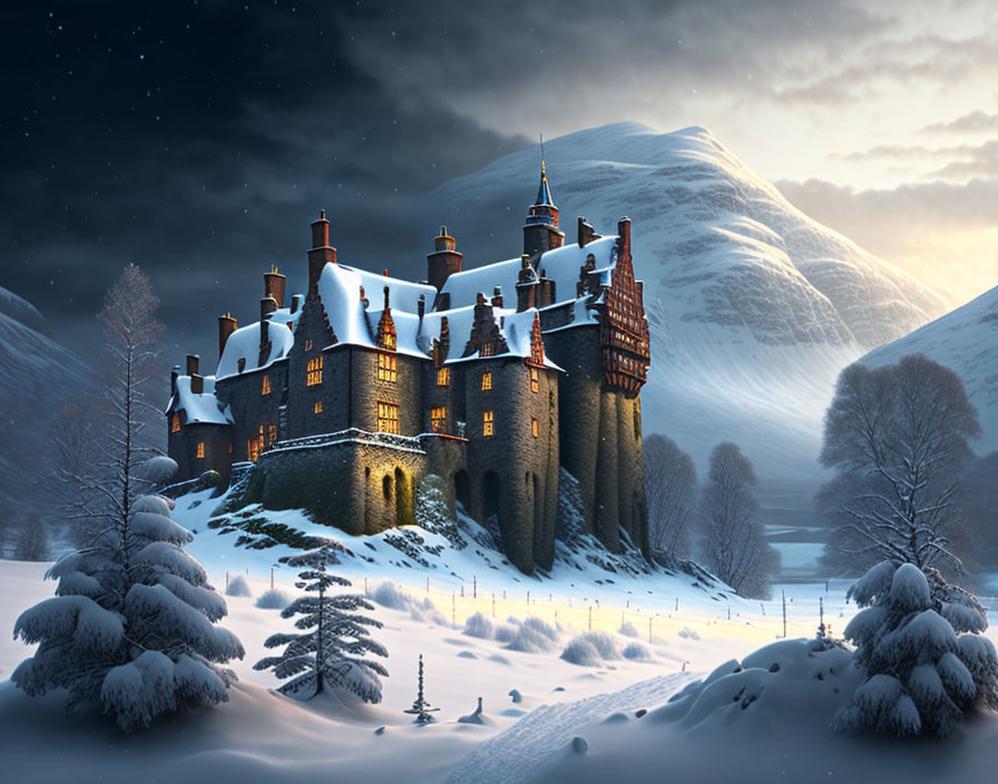 Snowy landscape with illuminated castle and starry night sky