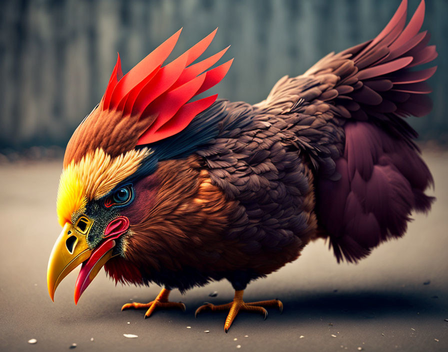 Colorful hybrid creature: chicken body, bird of prey head and wings