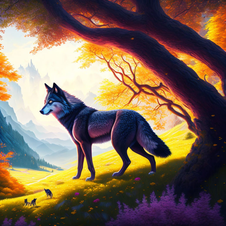 Majestic wolf in vibrant fantasy forest with castle