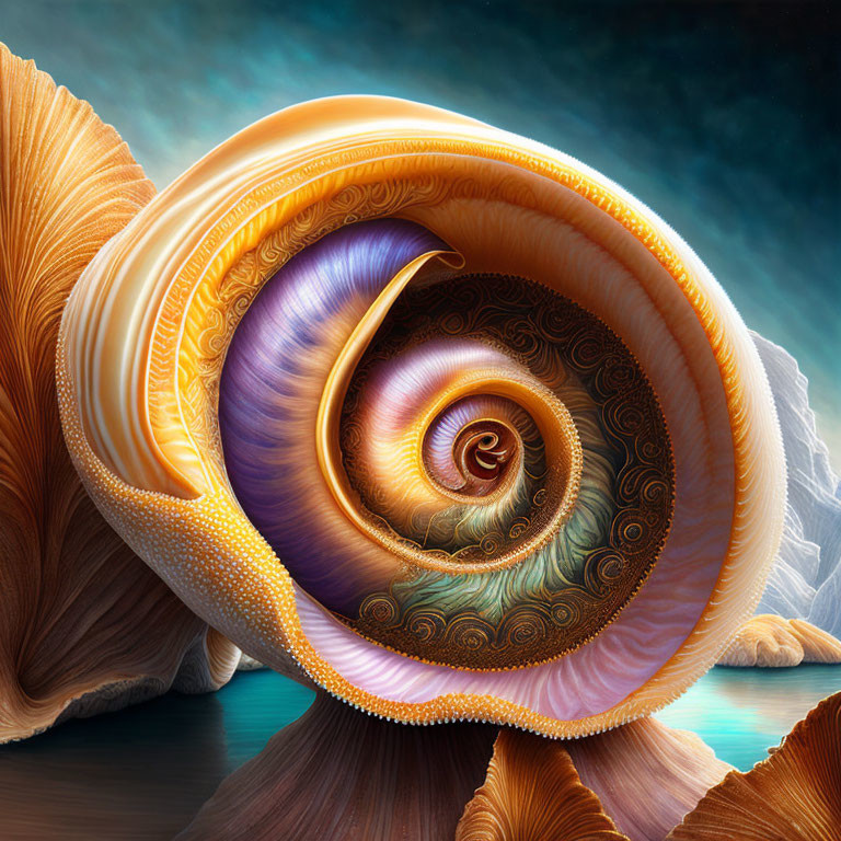Colorful Digital Artwork: Nautilus Shell with Warm Gradient Patterns