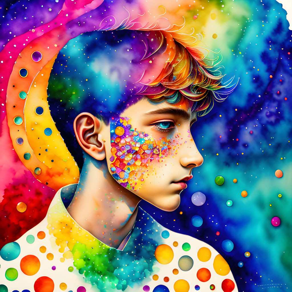 Vibrant rainbow person illustration on celestial background