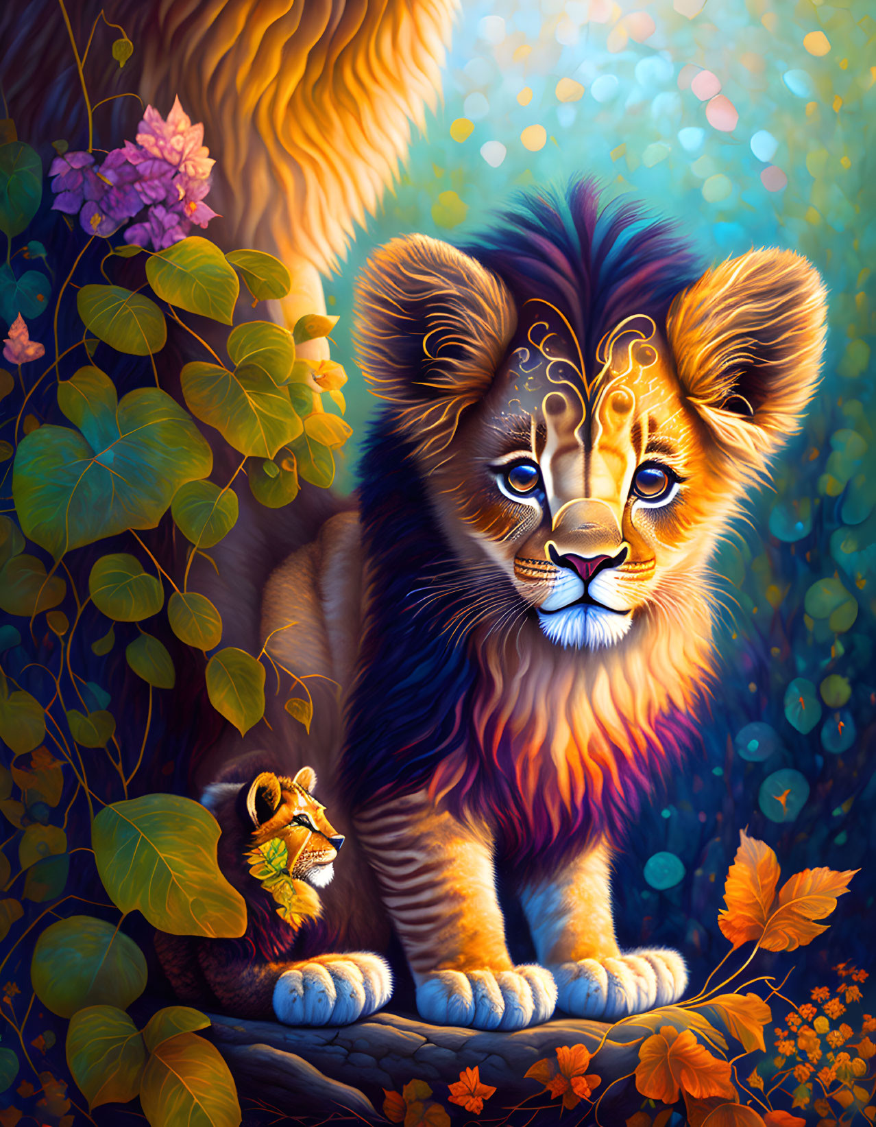 Colorful illustration: young lion and duckling in enchanted forest