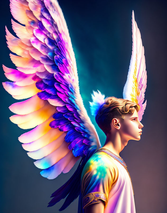 Vivid multicolored angel wings on gradient background