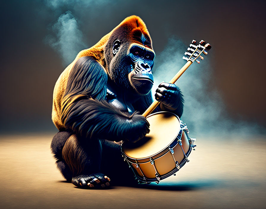 Gorilla playing golden snare drum with dramatic lighting