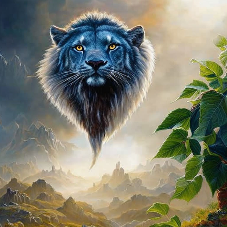 Lion with surreal mountain landscape and dramatic sky
