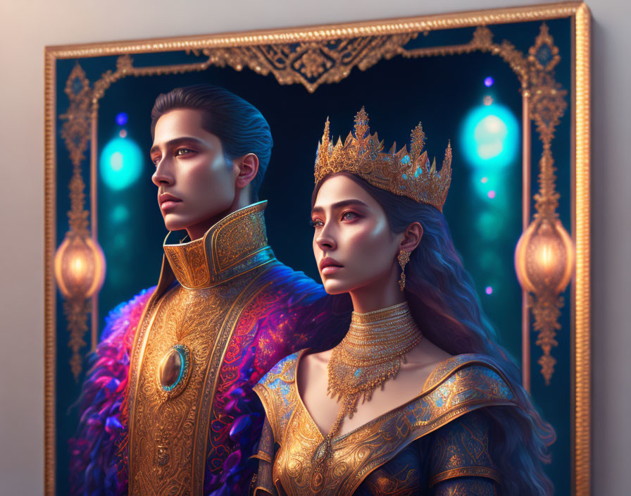 Regal king and queen in golden attire with majestic aura on elegant backdrop