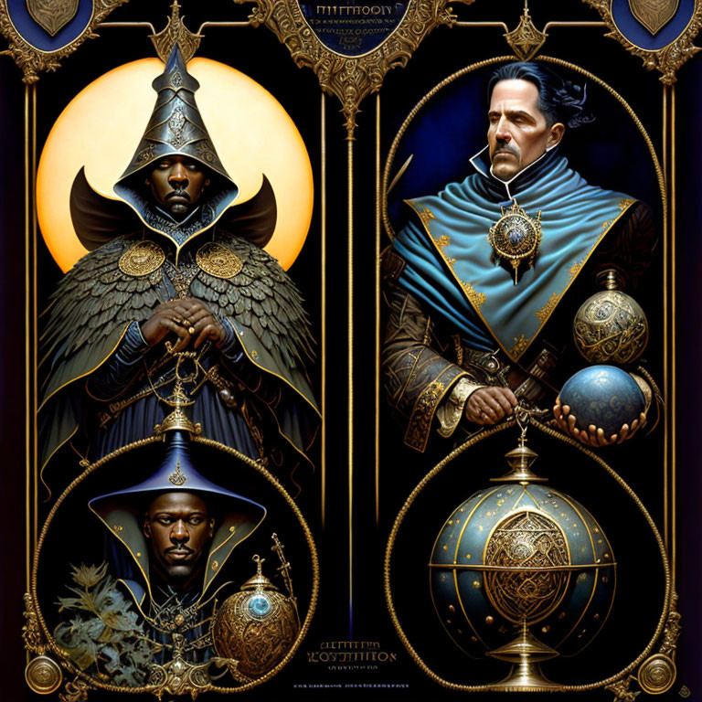 Detailed portraits in golden frames: ornate armor figure and dignified person with scepter.