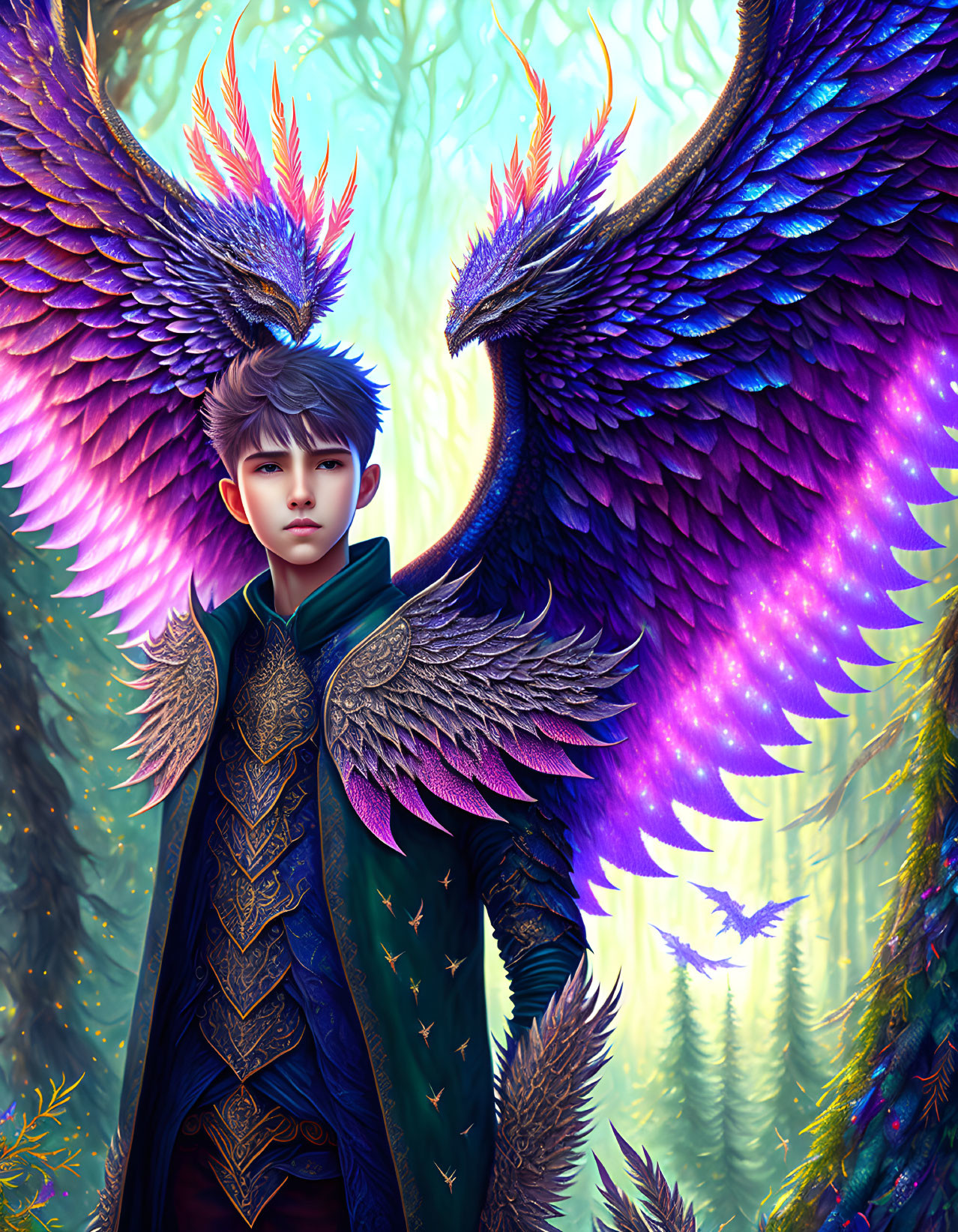 Vibrant purple-winged figure in enchanted forest with ethereal lights