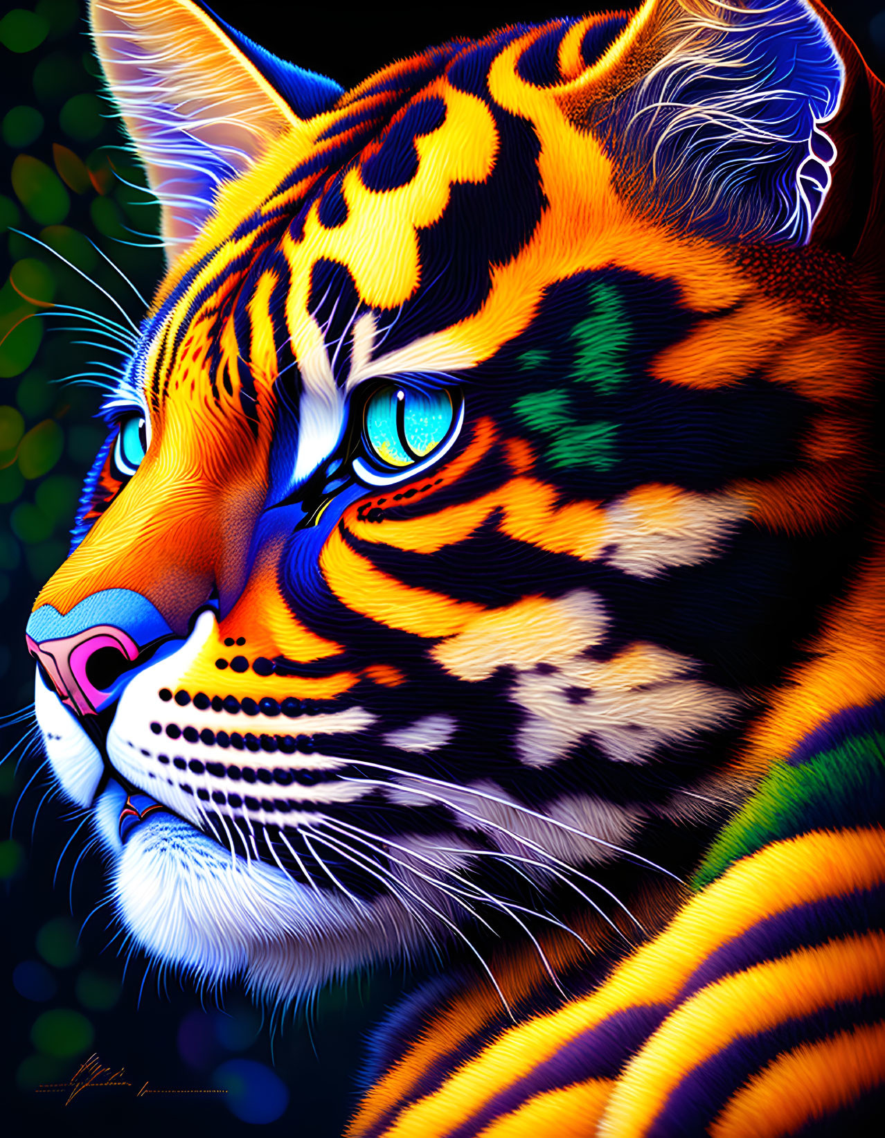 Vibrant tiger digital art with blue eyes on dark foliage