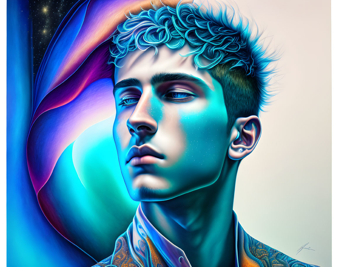Vibrant blue and orange digital art of a contemplative man