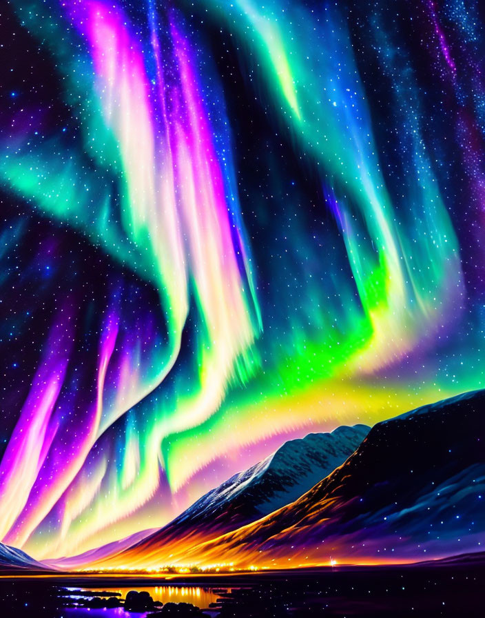 Colorful Aurora Borealis illuminating snow-capped mountains