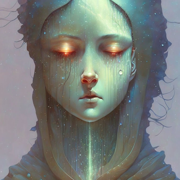 Mystical figure with glowing eyes in starry cloak shedding tear