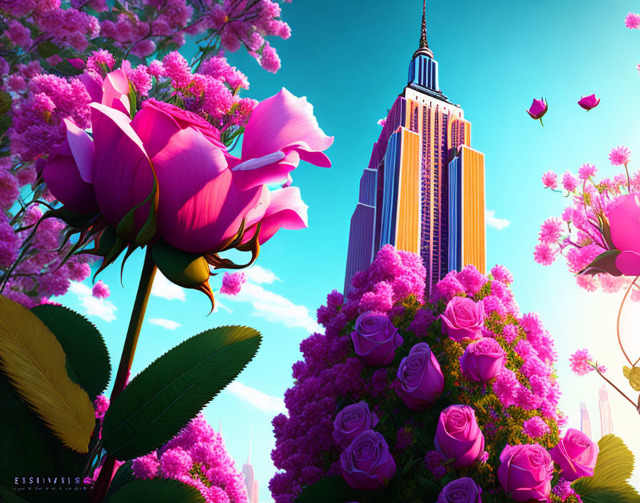 Colorful skyscraper surrounded by pink and purple flowers under blue sky