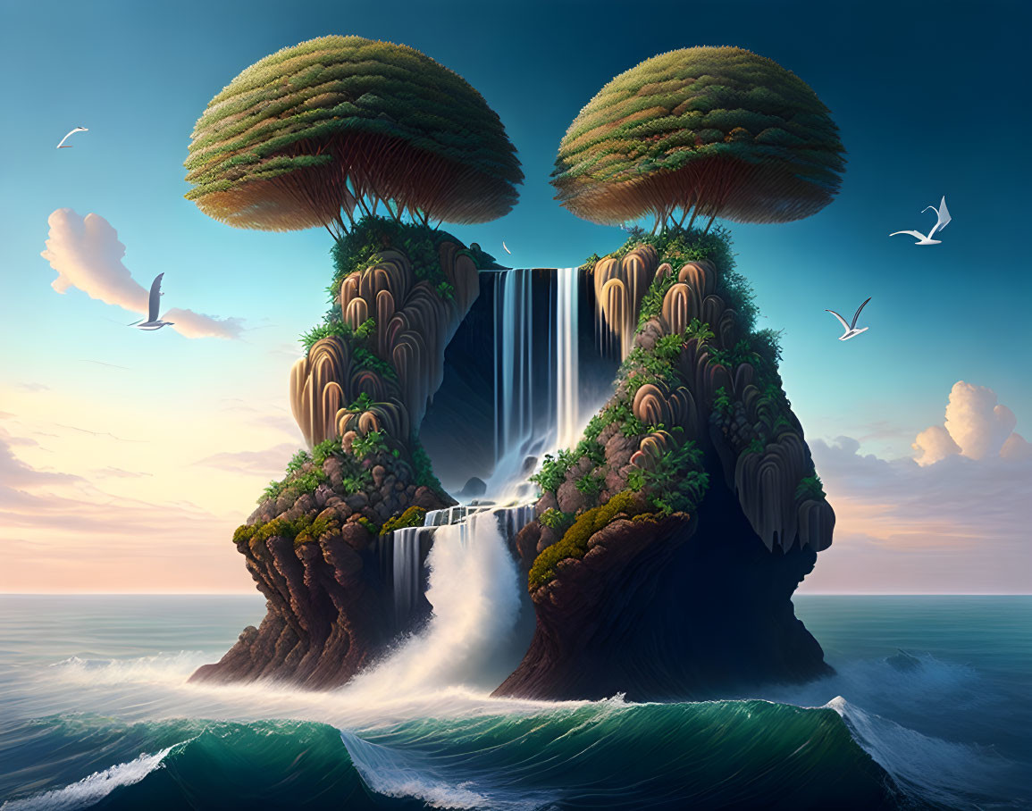 Fantasy landscape with cascading waterfalls, floating islands, lush greenery, and serene ocean at