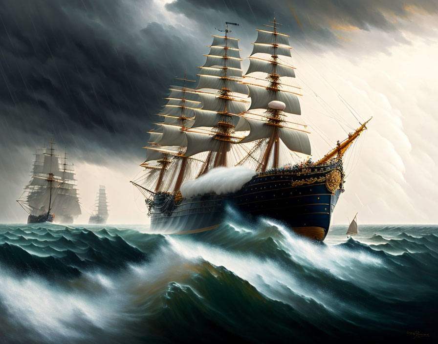 Historical tall ships sailing in stormy seas with full sails