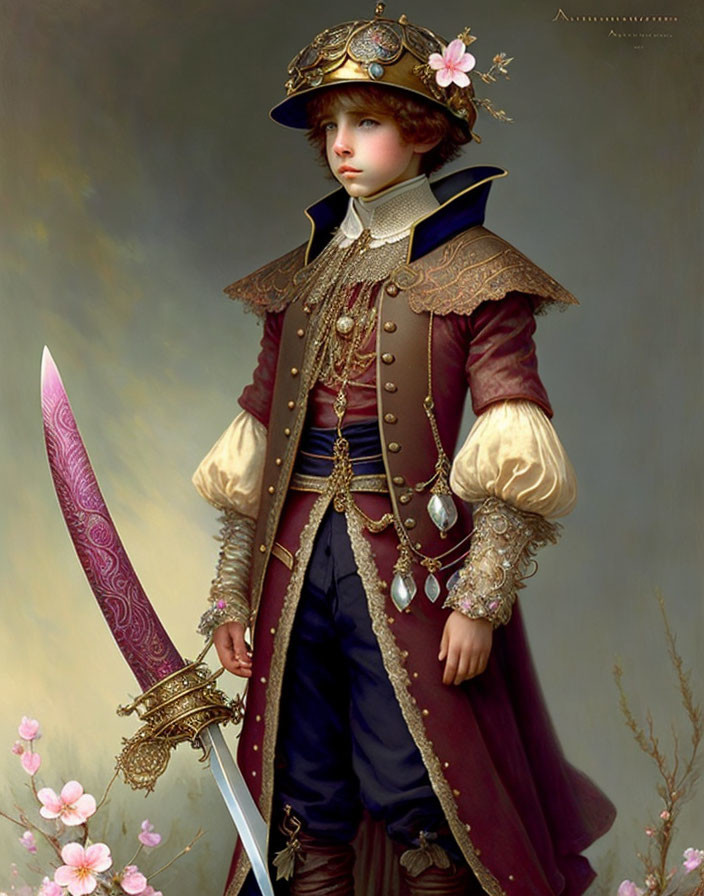 Detailed Renaissance-style costume with metal helmet, ornate sword, purple and gold jacket