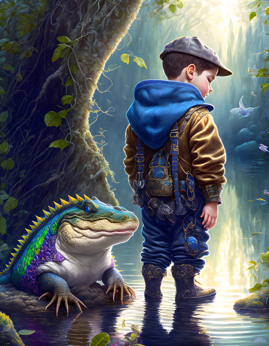 Child with cap and backpack gazes at friendly alligator in mystical forest.