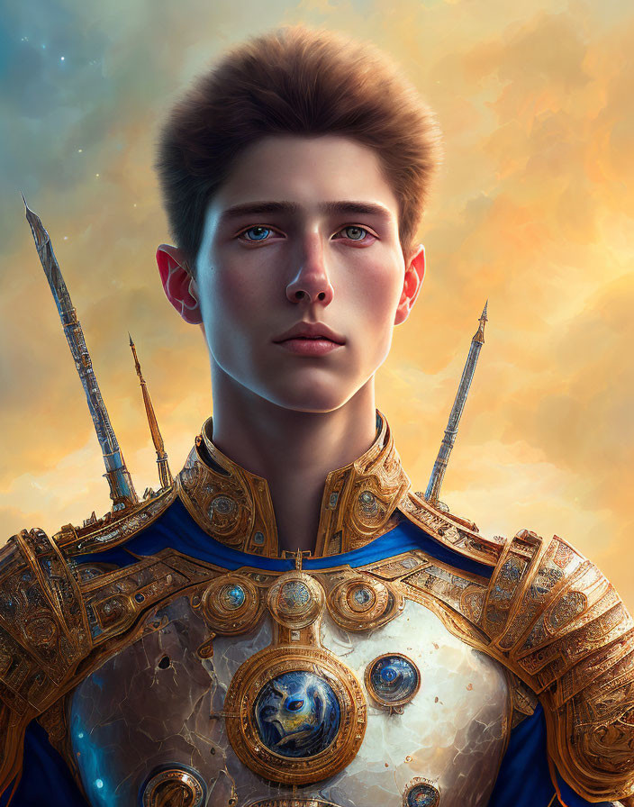 Young man with blue eyes in golden armor against cloudy sky