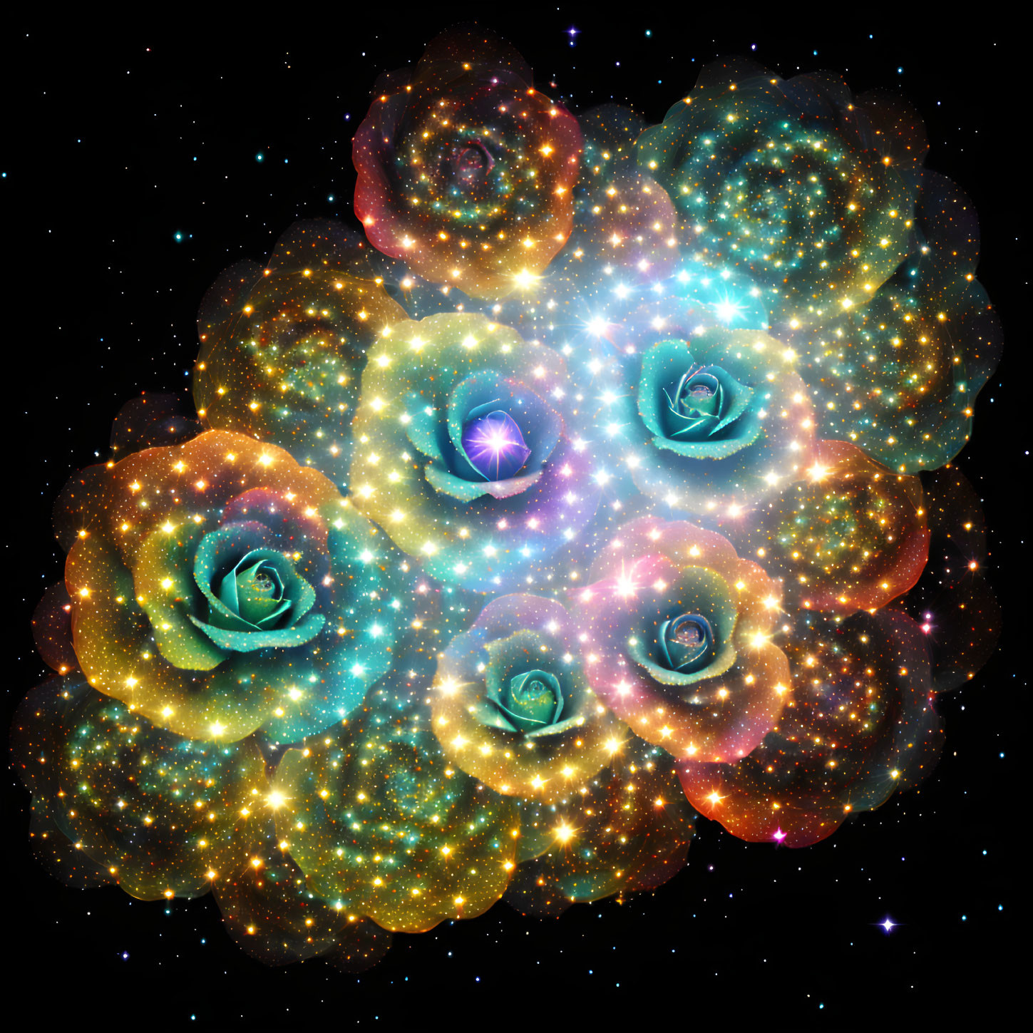 Vibrant Cosmic Flowers on Galaxy-themed Background