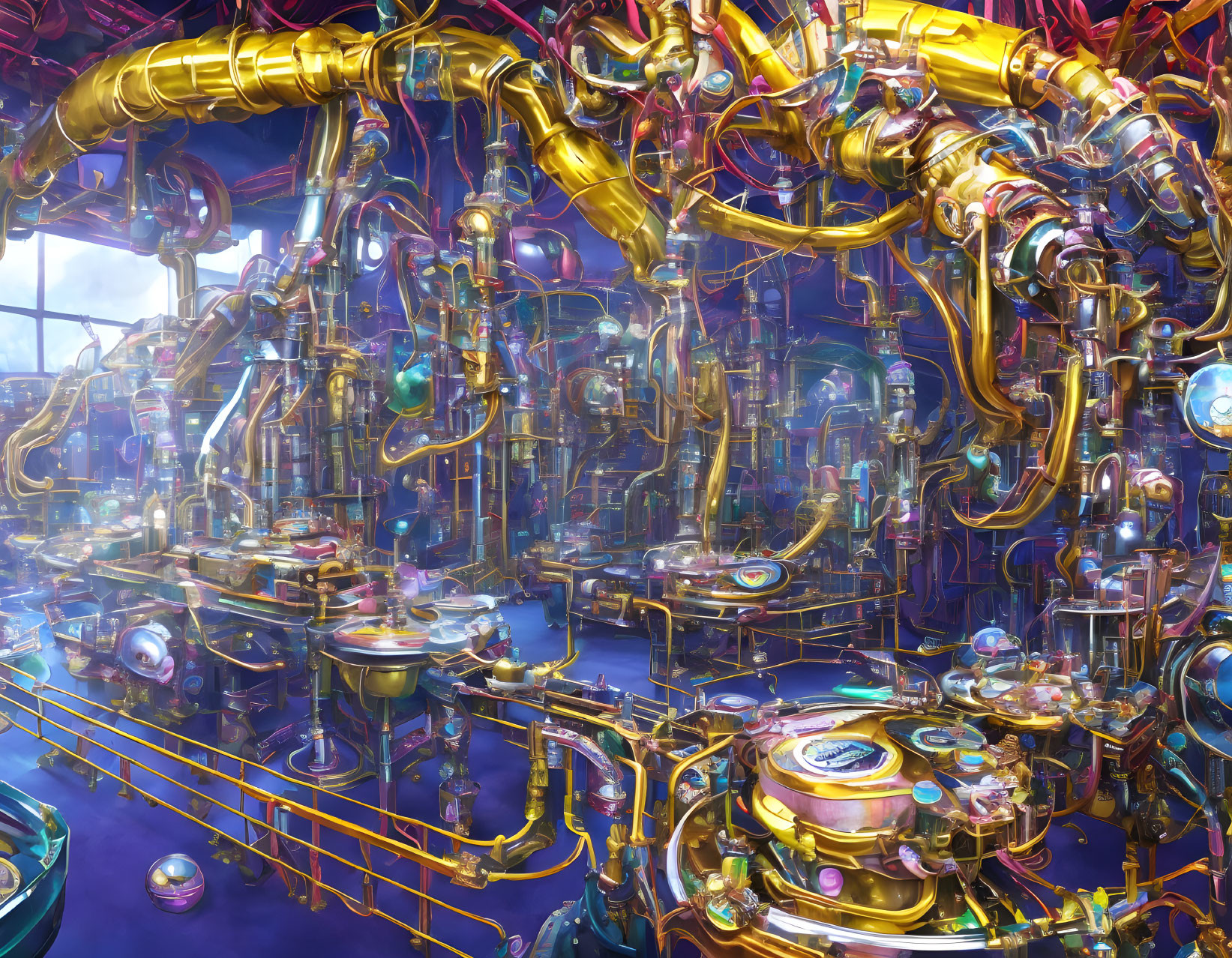 Futuristic Machinery Landscape with Golden Pipes and Glass Tubes