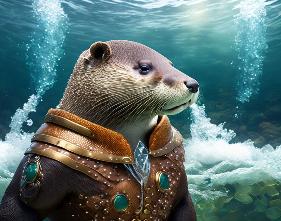Fantasy-inspired armored otter with crystal pendant underwater