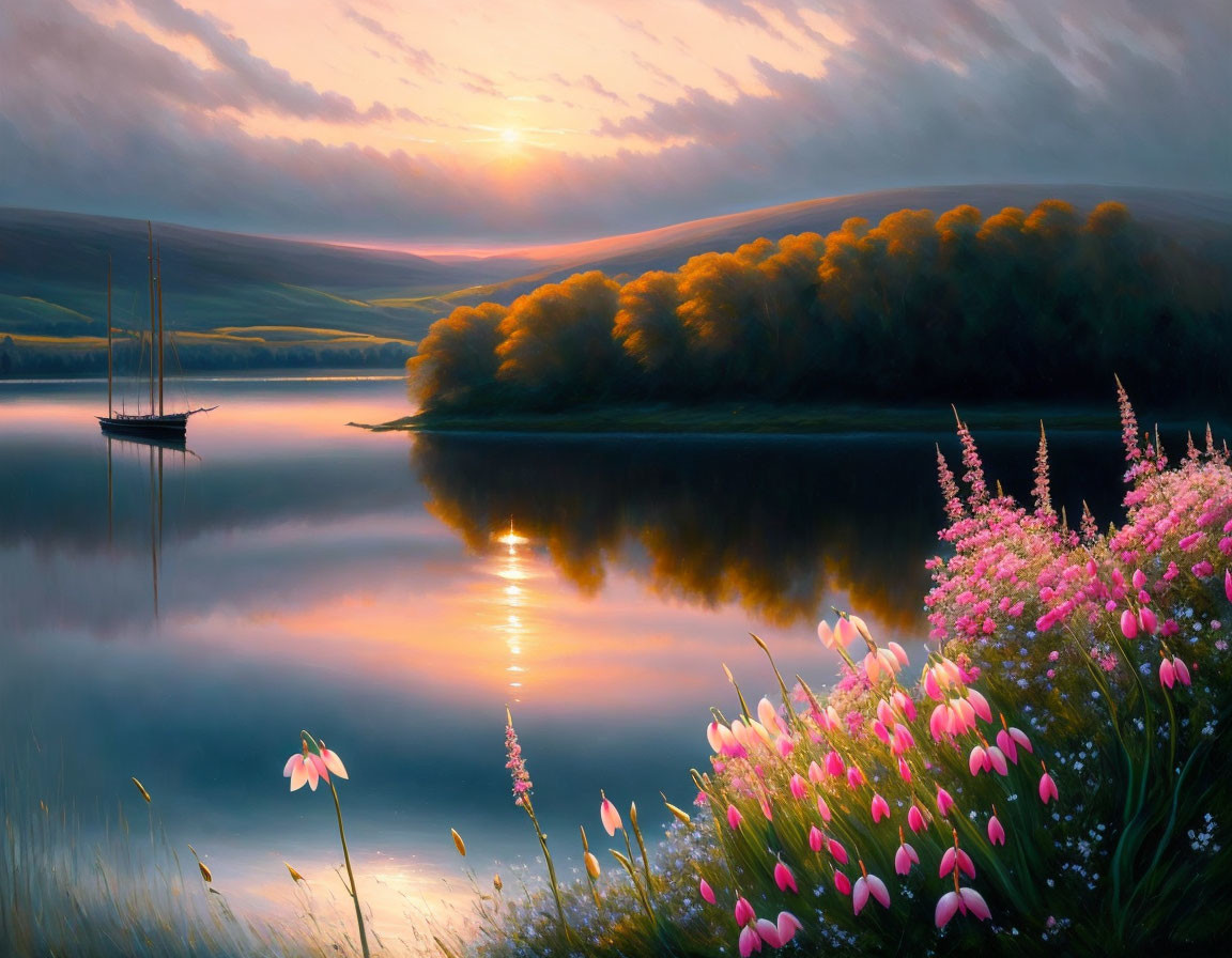 Tranquil sunset lake with sun reflections, boat, and pink wildflowers