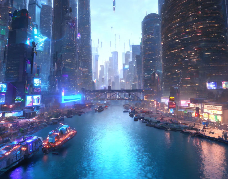 futuristic cityscape, robots and machines