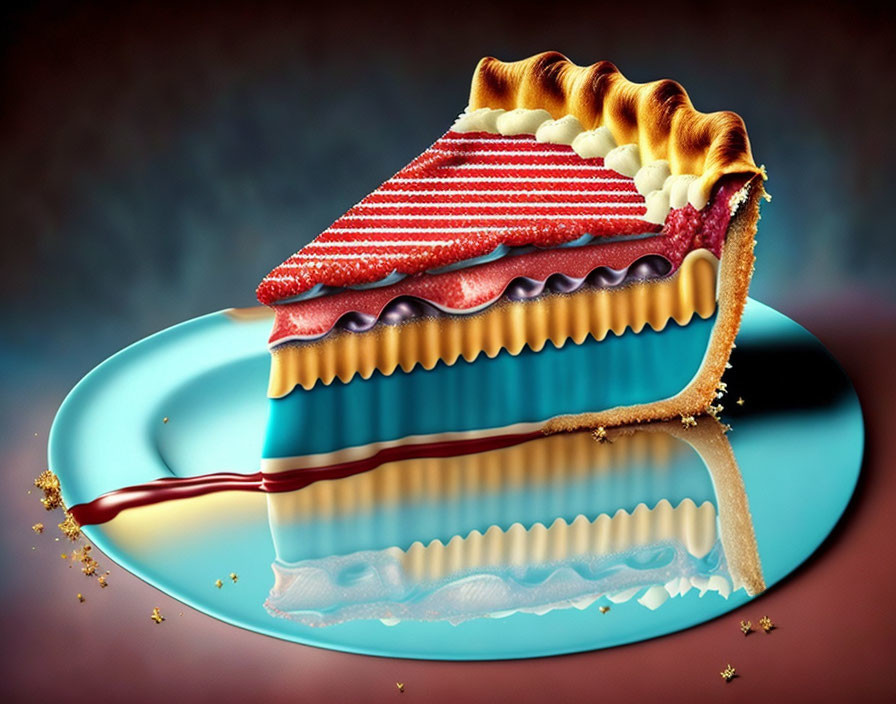 Colorful layered pie slice illustration resembling geological cross-section on blue plate.