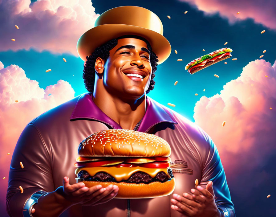 Man in stylish hat holding giant cheeseburger with floating sandwich in vibrant cloud backdrop