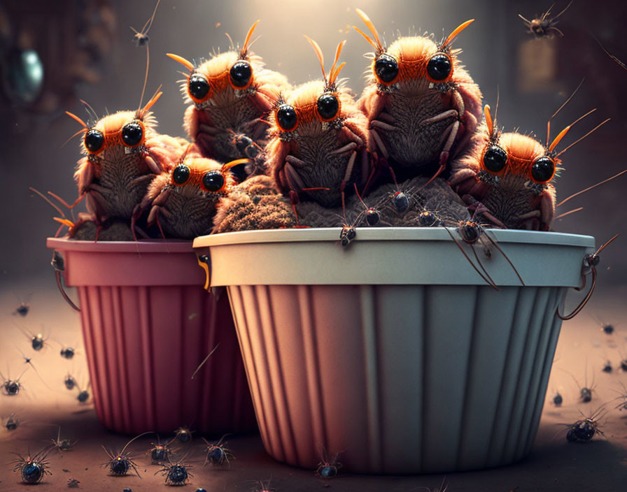 Digital artwork: Oversized spiders with party hats in cupcake liners, surrounded by tiny airborne spiders