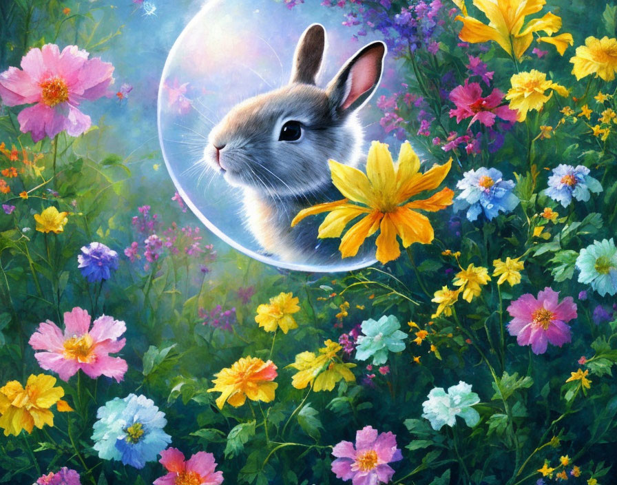 Whimsical rabbit in bubble surrounded by vibrant floral meadow