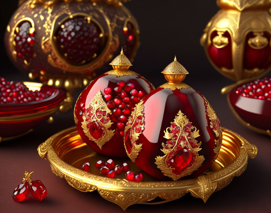 Luxurious Red and Gold Baubles with Pomegranates on Golden Tray