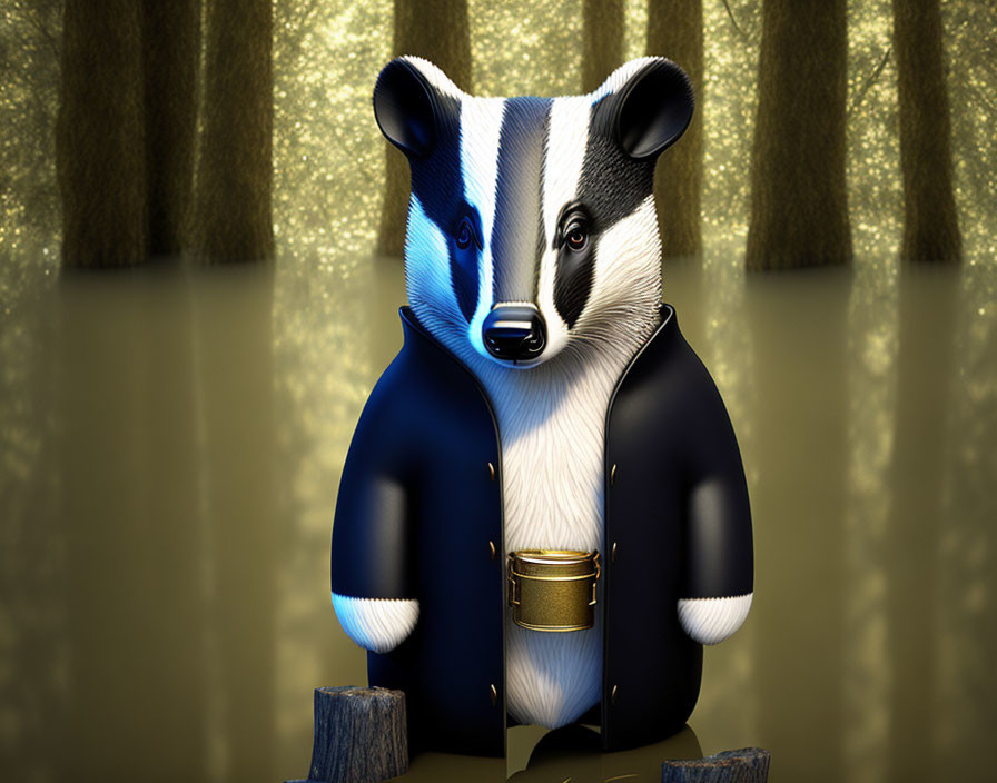 Illustration of badger in blue jacket standing in forest with golden light.