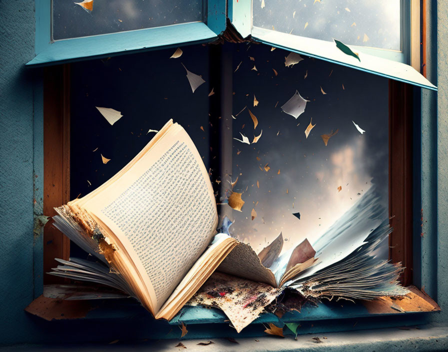 Book pages become flying birds and leaves on windowsill against dusky sky