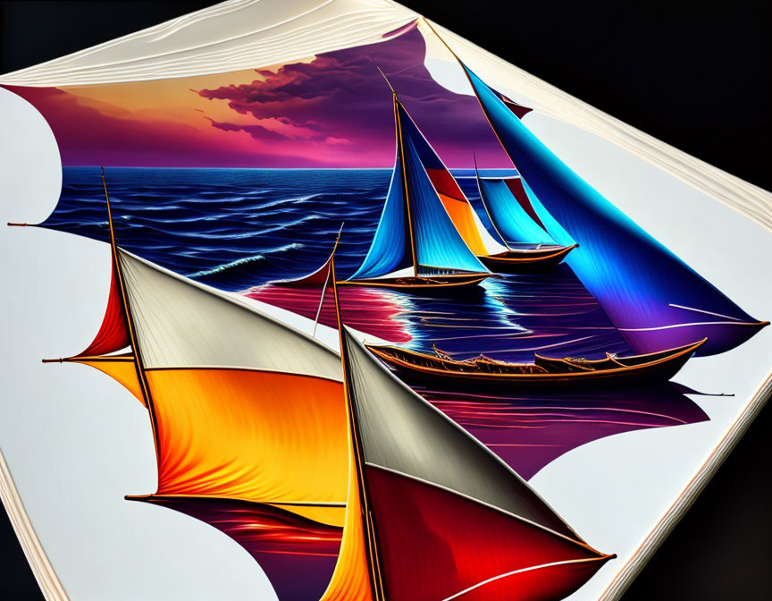 Colorful sailboats at sunset on wavy seas in book pages-inspired art