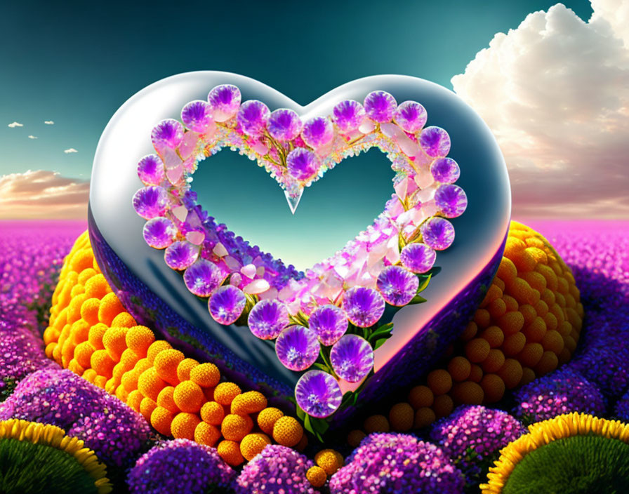 Heart-shaped glossy object with purple flowers on textured surface under vibrant sky
