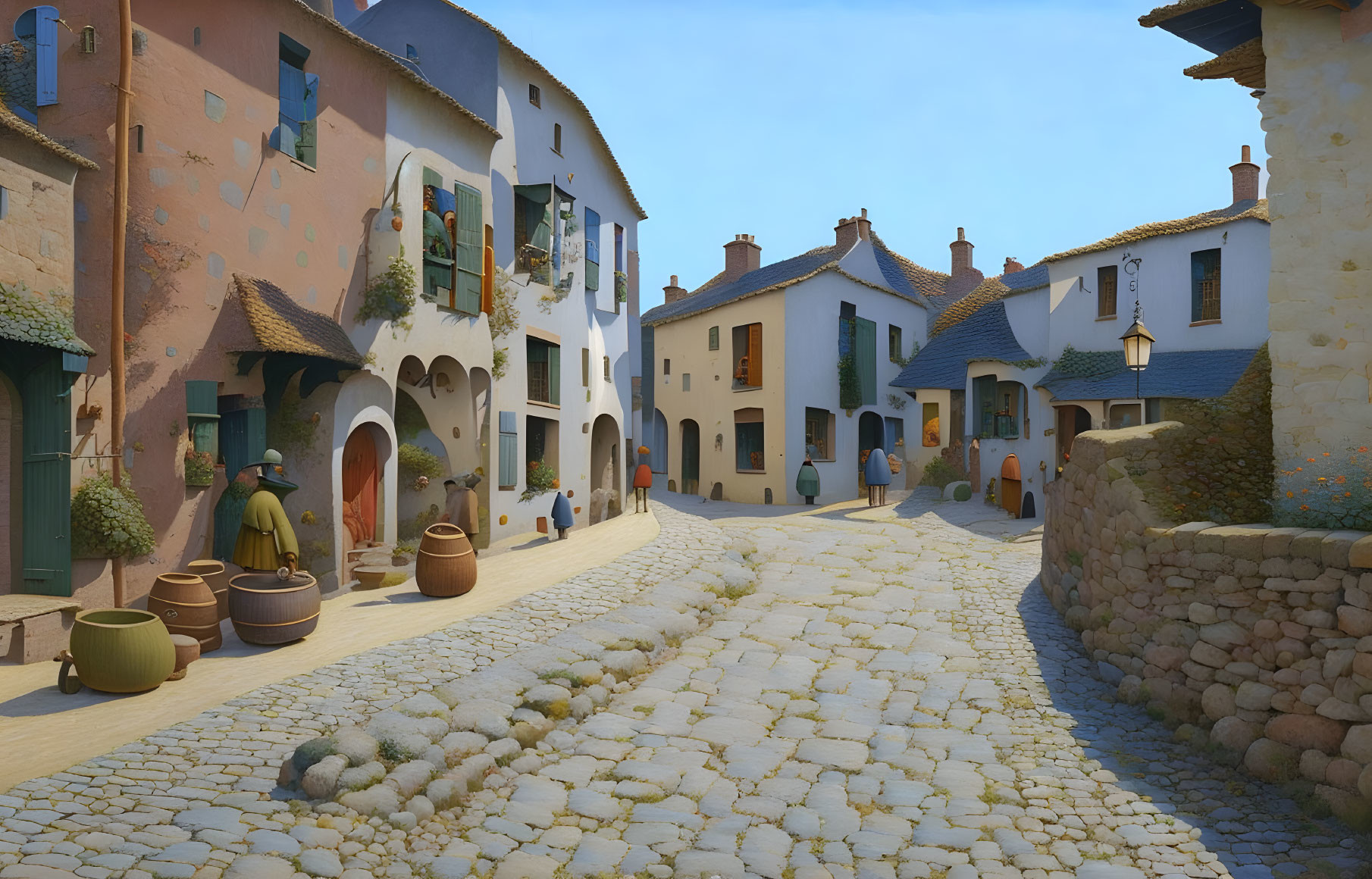 Historic street scene with cobblestones and quaint houses