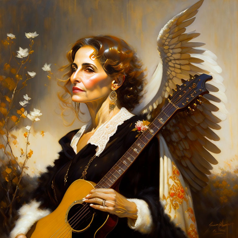 Older angel playing guitar