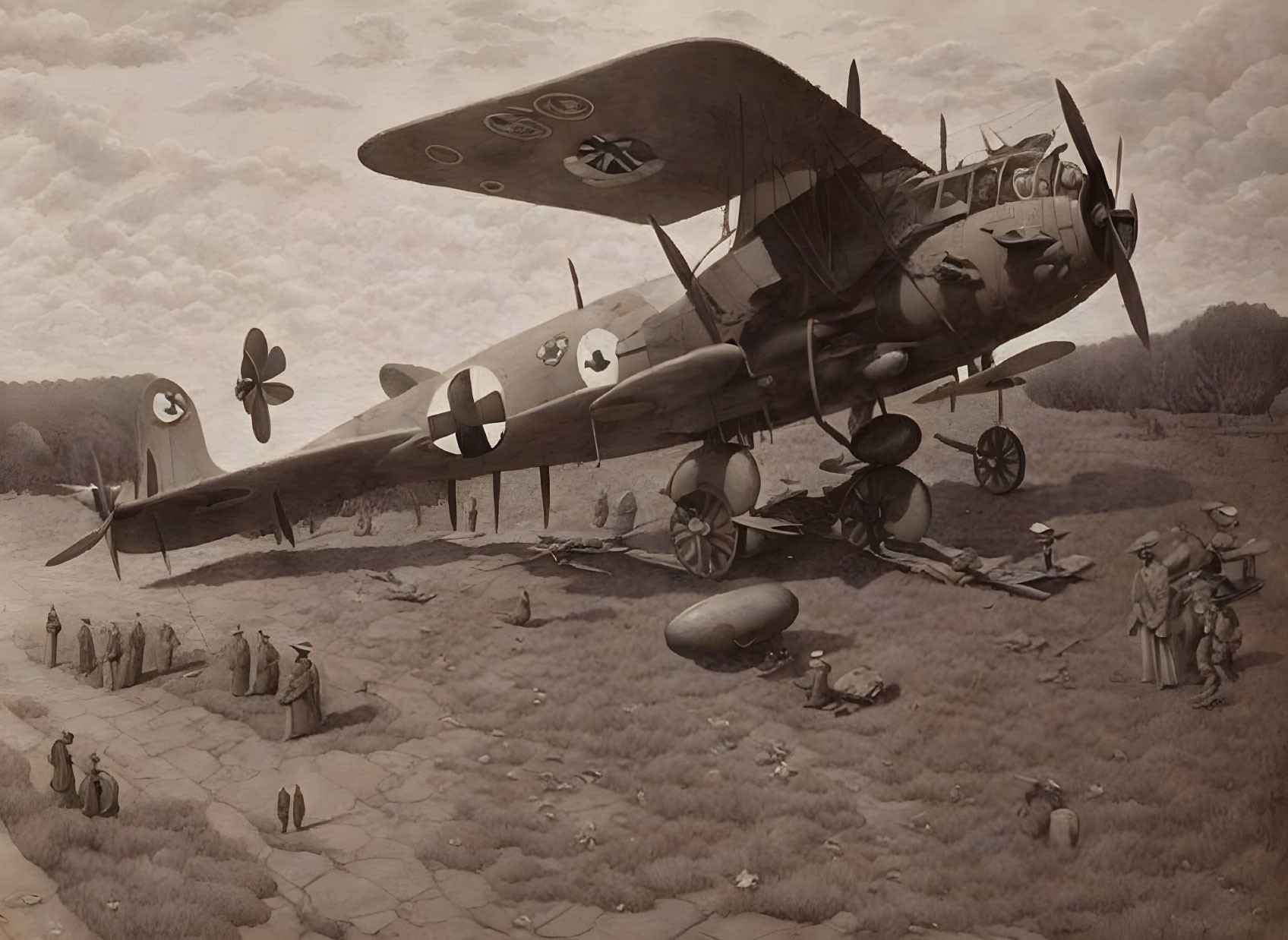 Vintage Military Aircraft and People in Period Clothing in Sepia-Tone