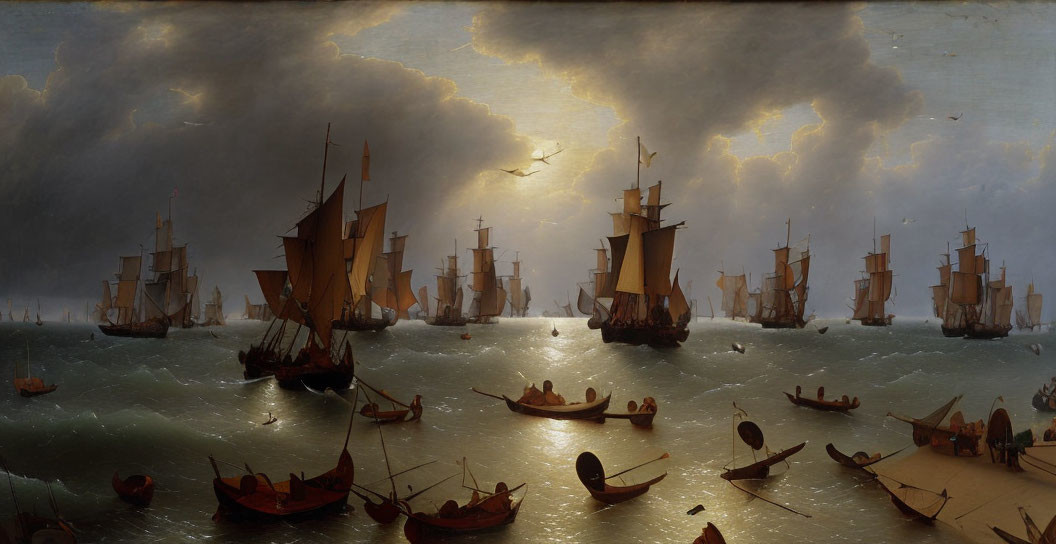 Stormy Seascape Painting with Ships and Boats in Dramatic Light