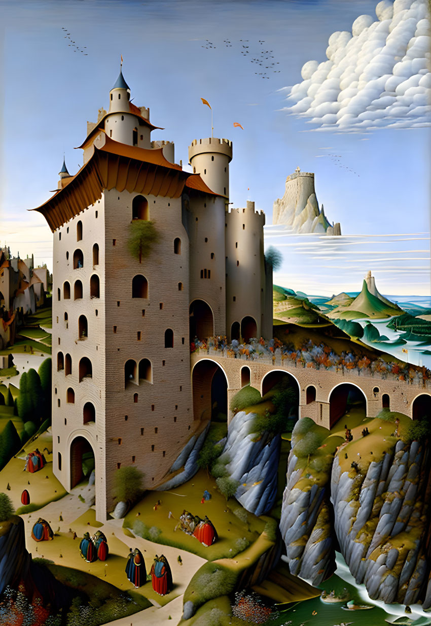 Surreal painting of grand castle on cliffs with medieval figures and island castle under cloudy sky