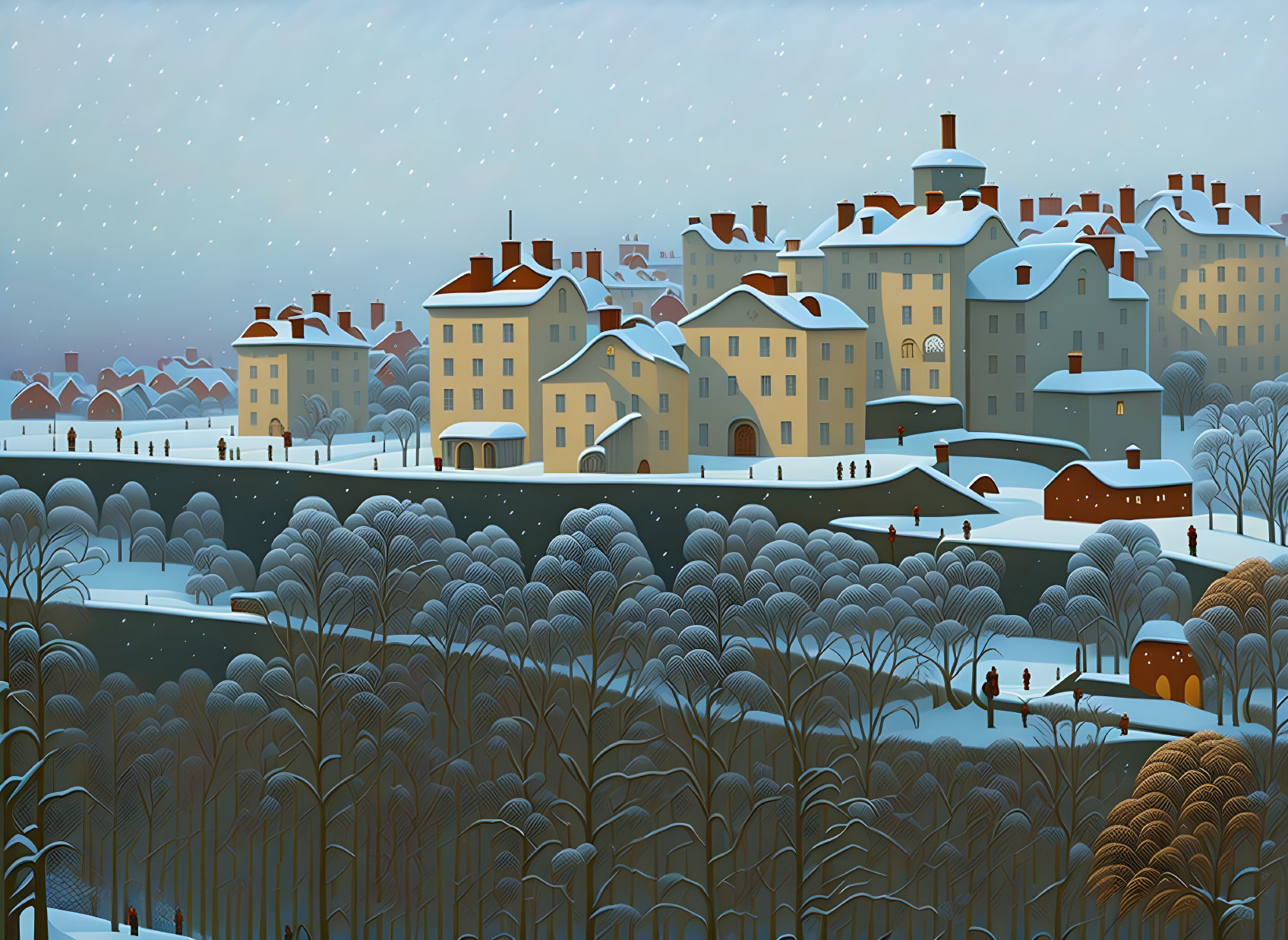 Snowy town scene with buildings, bare trees, and people in winter setting