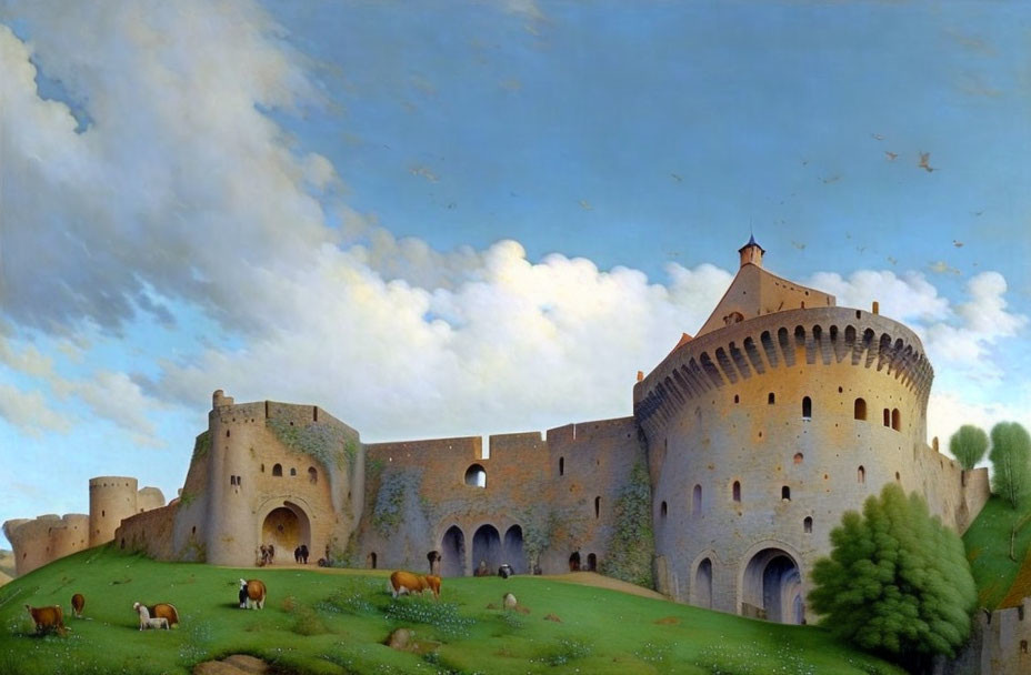 Medieval castle painting with round towers and grazing cattle on green hilltop