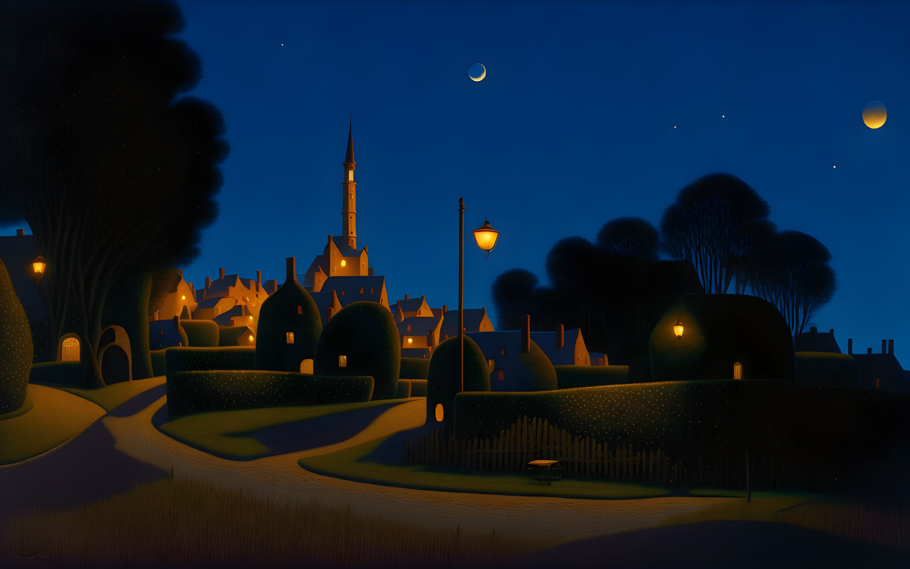 Stylized nocturnal landscape with rolling hills, illuminated houses, spire, trees, crescent