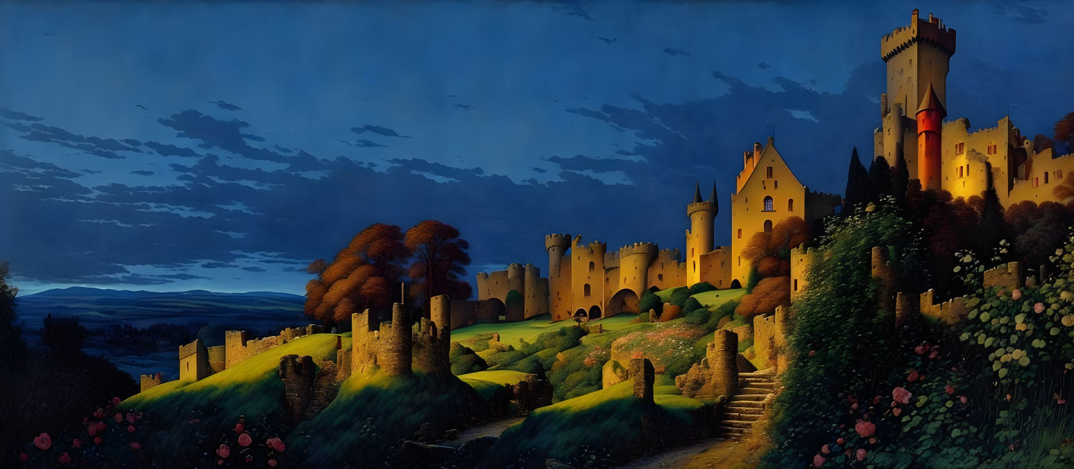 Panoramic fantasy landscape: illuminated castle on hill at dusk