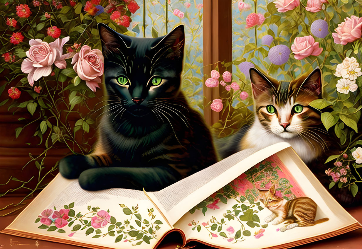 Two cats with open book and floral illustrations in garden view.