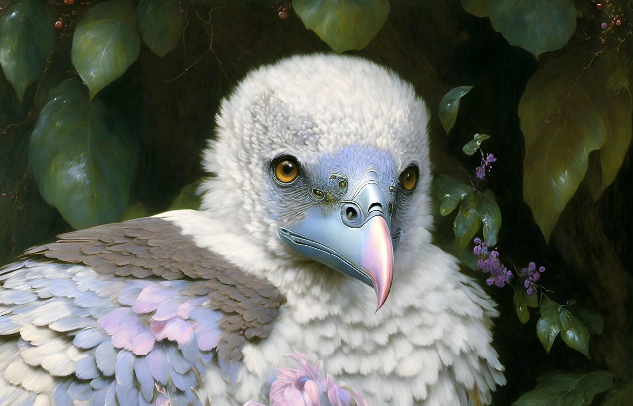 Baby bird digital painting: expressive eyes, grey-blue plumage, green leaves, purple flowers.